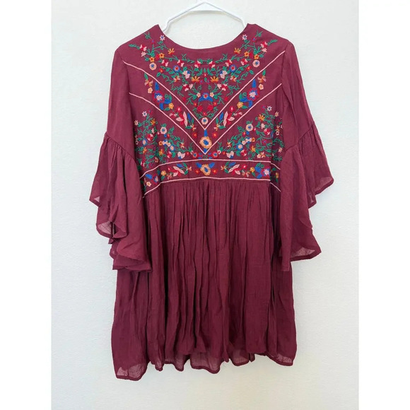 Umgee Maroon Bohemian Floral Embroidered Flowy Tunic Large - Picture 1 of 9
